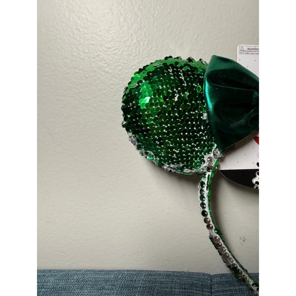 Disney Minnie Mouse Green Silver Sequin Headband Metallic Bow Kids MM2254 NWT